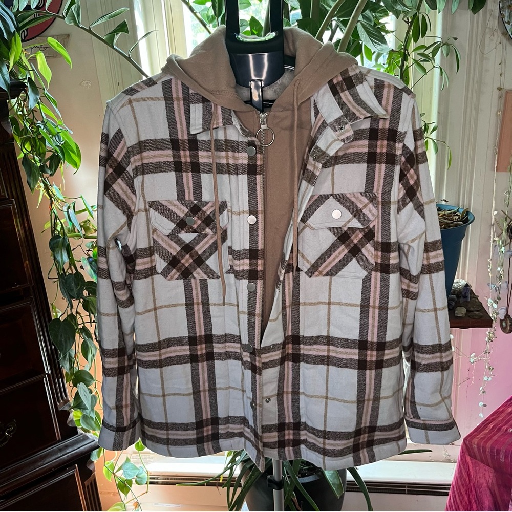 Plaid Granola Girl Jacket/Shacket with Hoodie NWOT